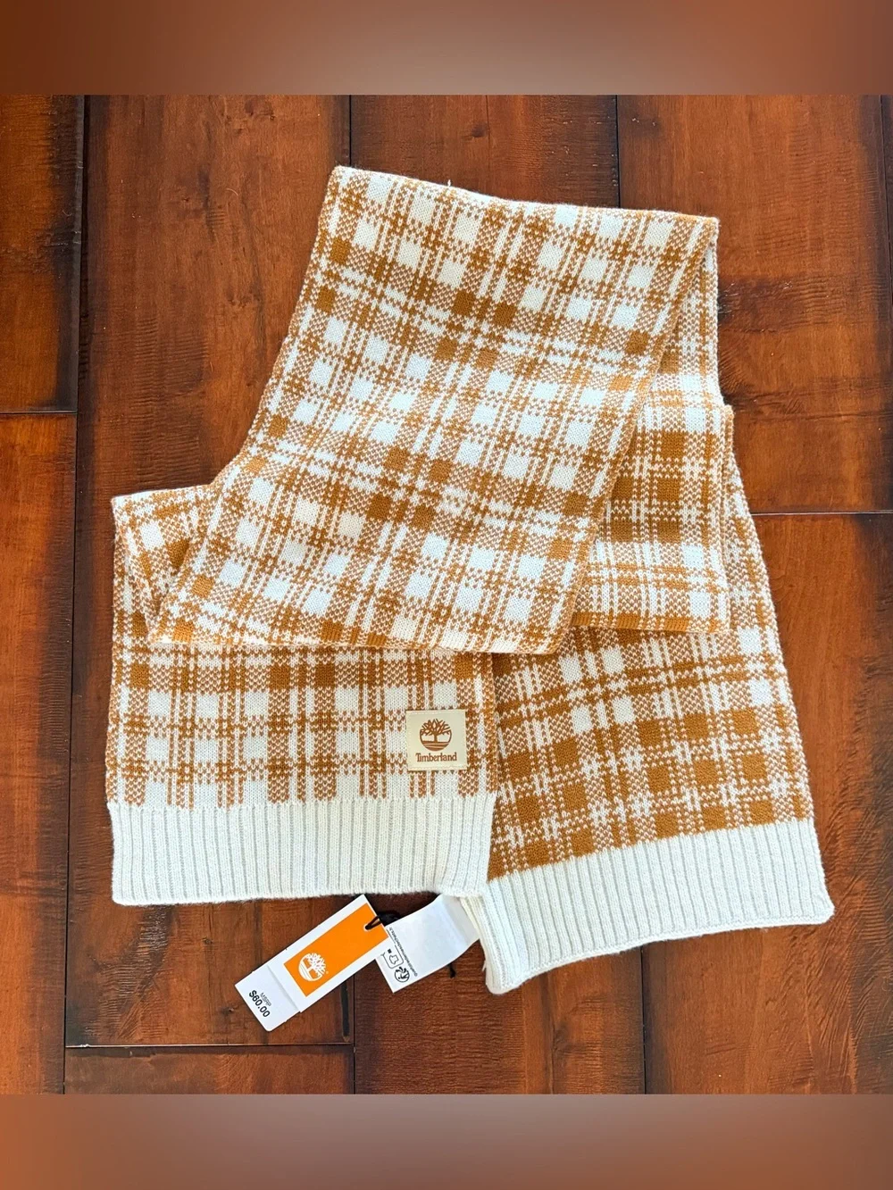 NWT Timberland Cream & Tan Plaid Knit Scarf